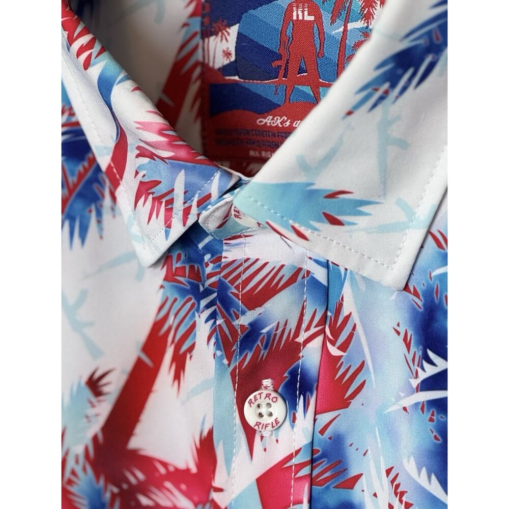 Retro Rifle AKs & Vacays Button Up Shirt Mens XL Red White Blue Hawaiian USA - Picture 10 of 11